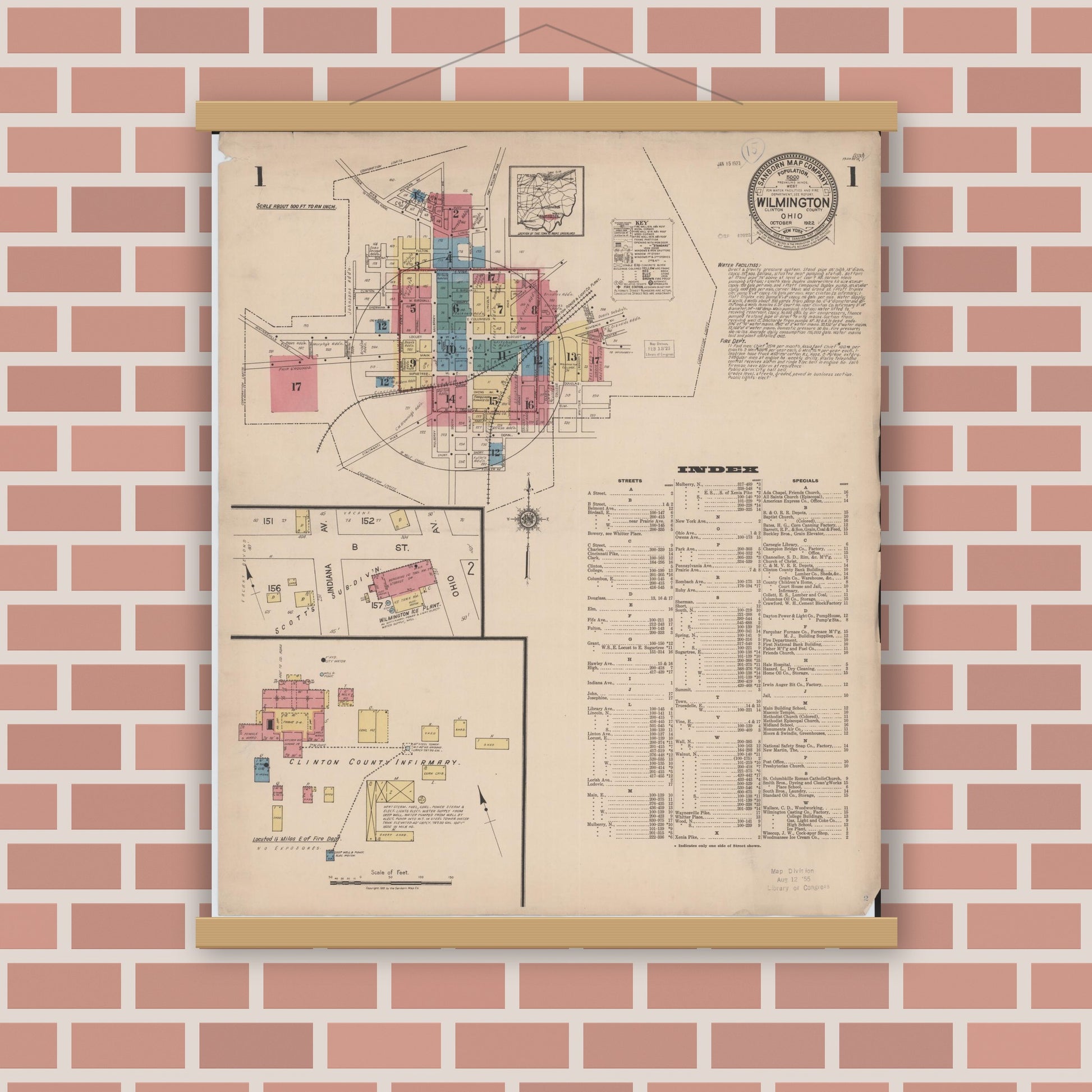 Old map wall art mockup — magnetic wood frame on brick wall — Sanborn Fire Insurance Map from Wilmington, Clinton County, Ohio (1922), Sheet #0001
