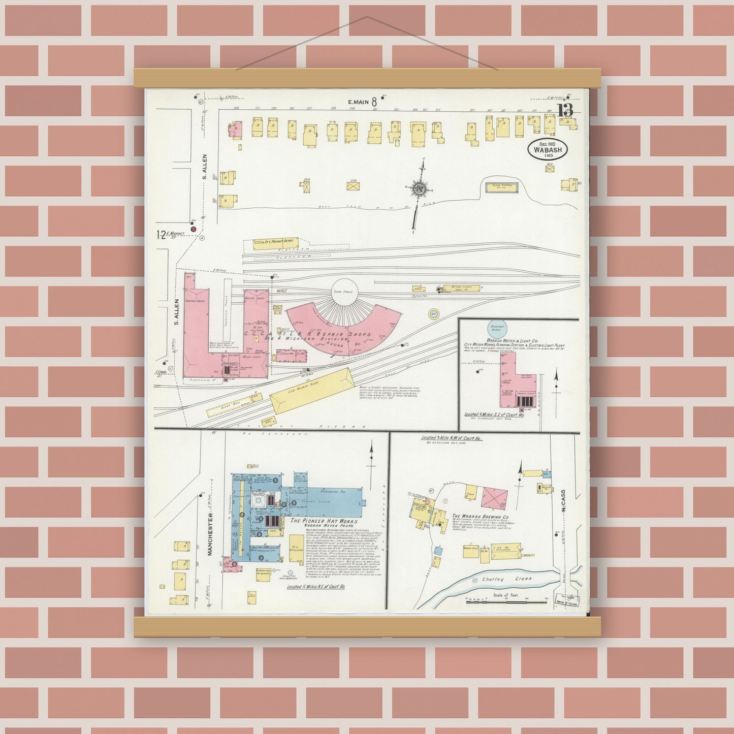 Old map wall art mockup — magnetic wood frame on brick wall — Sanborn Fire Insurance Map from Wabash, Wabash County, Indiana (1910), Sheet #0013