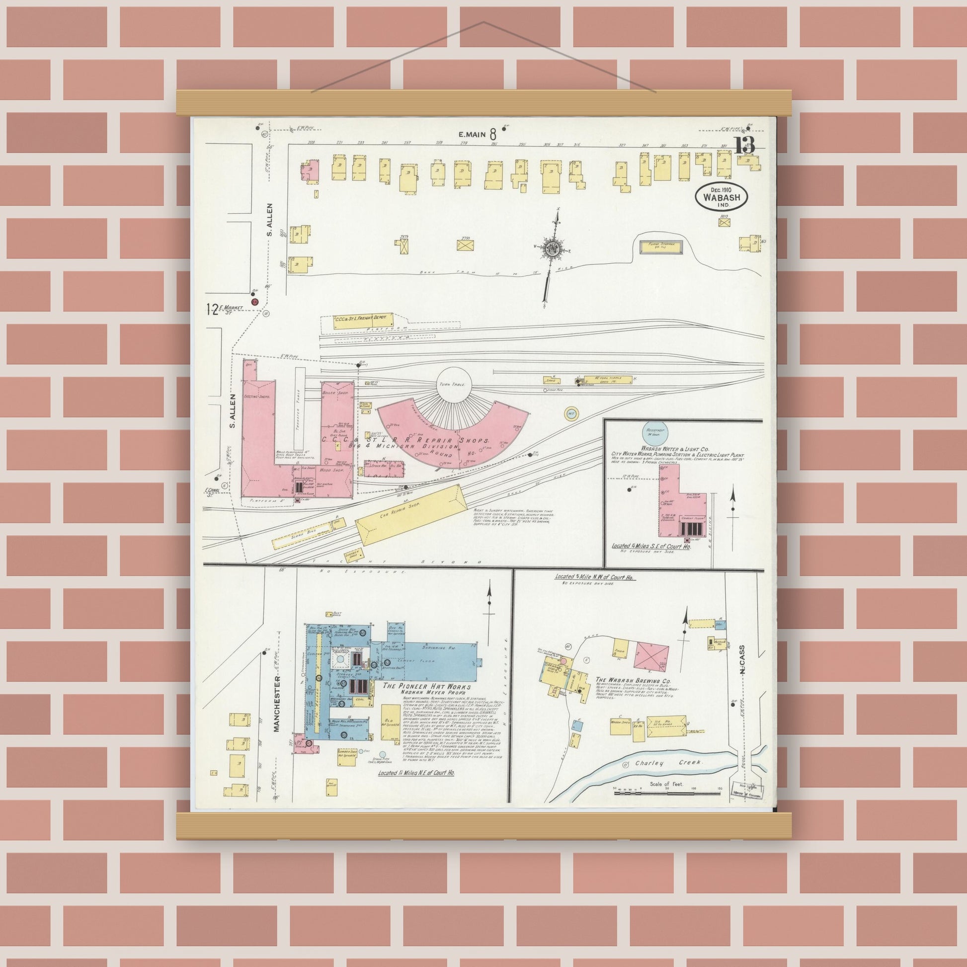 Old map wall art mockup — magnetic wood frame on brick wall — Sanborn Fire Insurance Map from Wabash, Wabash County, Indiana (1910), Sheet #0013