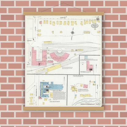 Old map wall art mockup — magnetic wood frame on brick wall — Sanborn Fire Insurance Map from Wabash, Wabash County, Indiana (1910), Sheet #0013