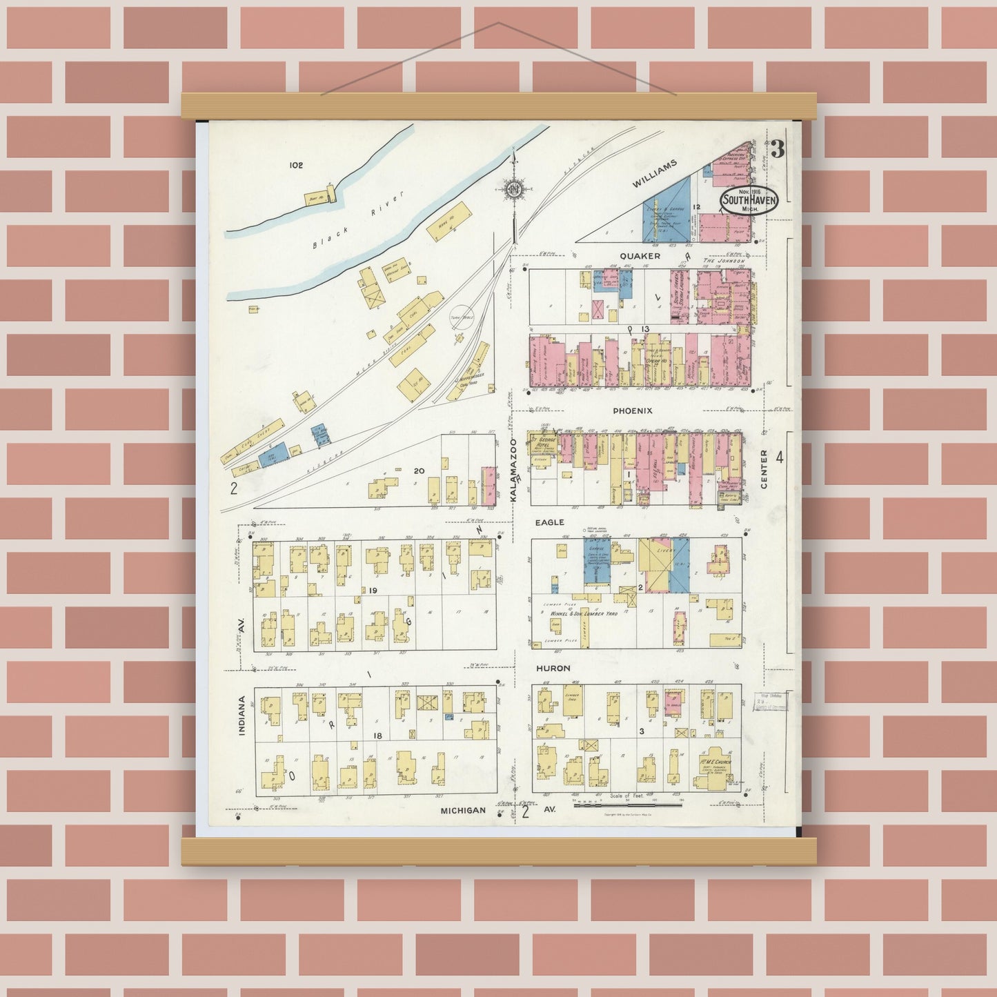 Old map wall art mockup — magnetic wood frame on brick wall — Sanborn Fire Insurance Map from South Haven, Van Buren County, Michigan (1916), Sheet #0003