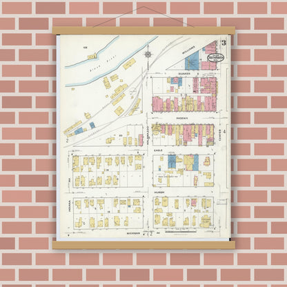 Old map wall art mockup — magnetic wood frame on brick wall — Sanborn Fire Insurance Map from South Haven, Van Buren County, Michigan (1916), Sheet #0003