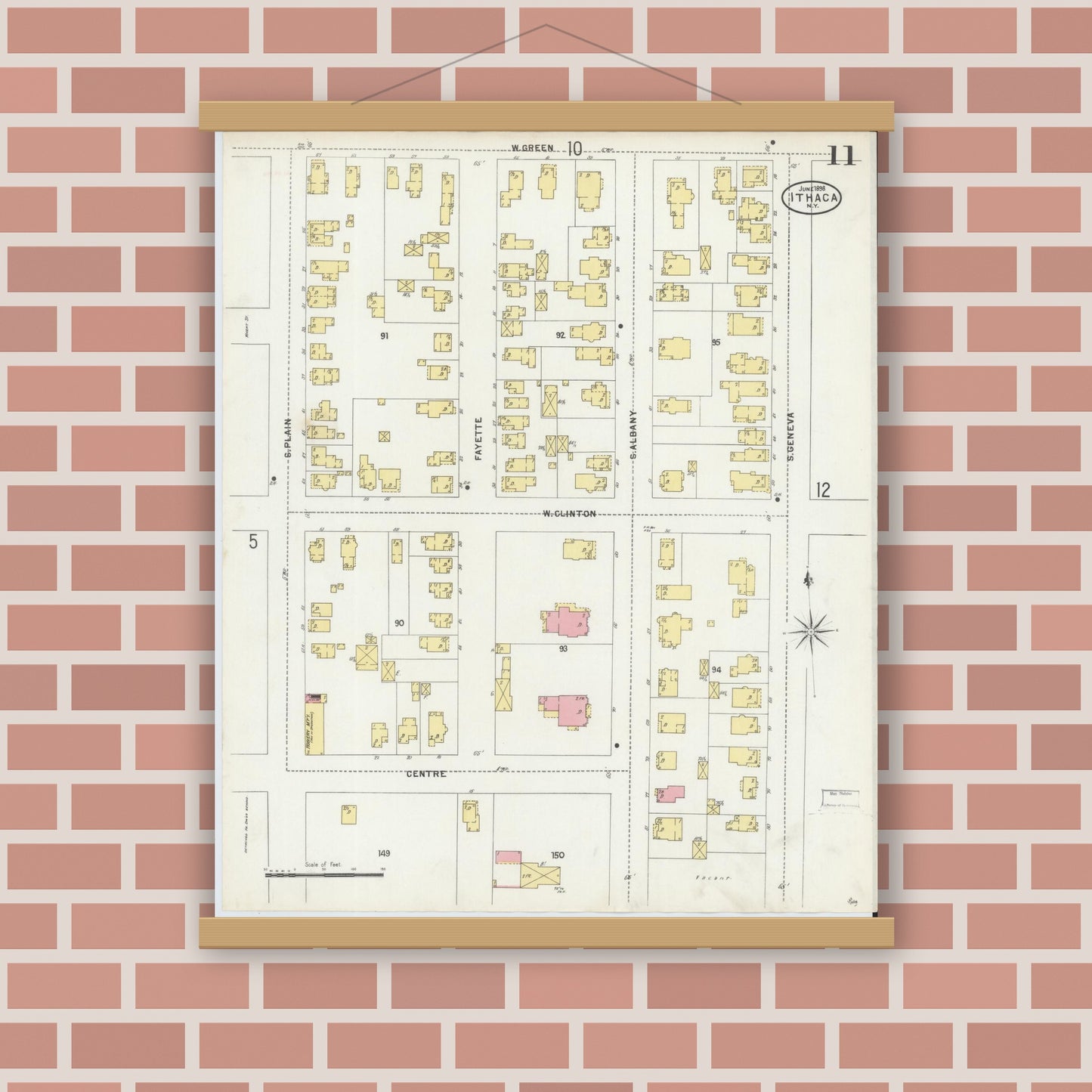 Old map wall art mockup — magnetic wood frame on brick wall — Sanborn Fire Insurance Map from Ithaca, Tompkins County, New York (1898), Sheet #0011