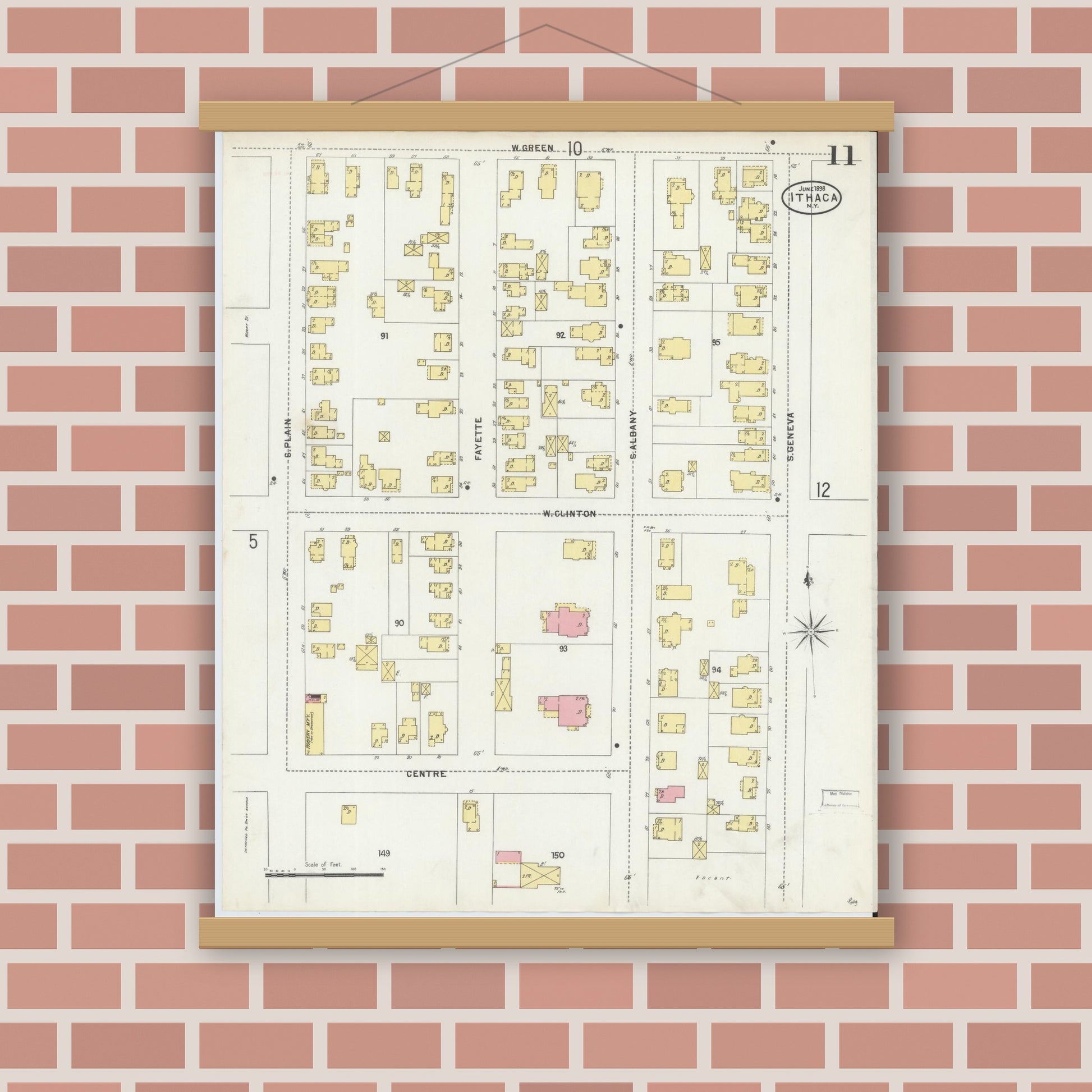 Old map wall art mockup — magnetic wood frame on brick wall — Sanborn Fire Insurance Map from Ithaca, Tompkins County, New York (1898), Sheet #0011