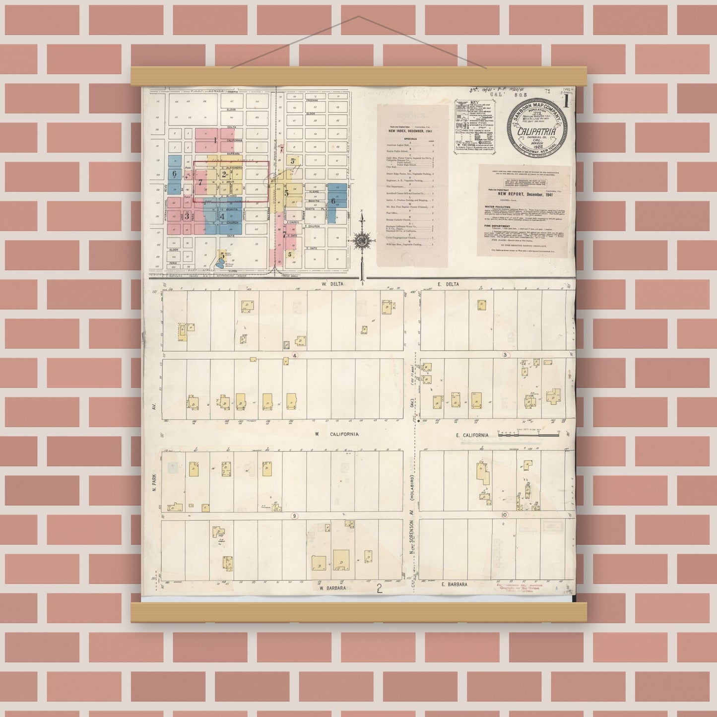 Old map wall art mockup — magnetic wood frame on brick wall — Sanborn Fire Insurance Map from Calipatria, Imperial County, California (1941) - Complete Map Set