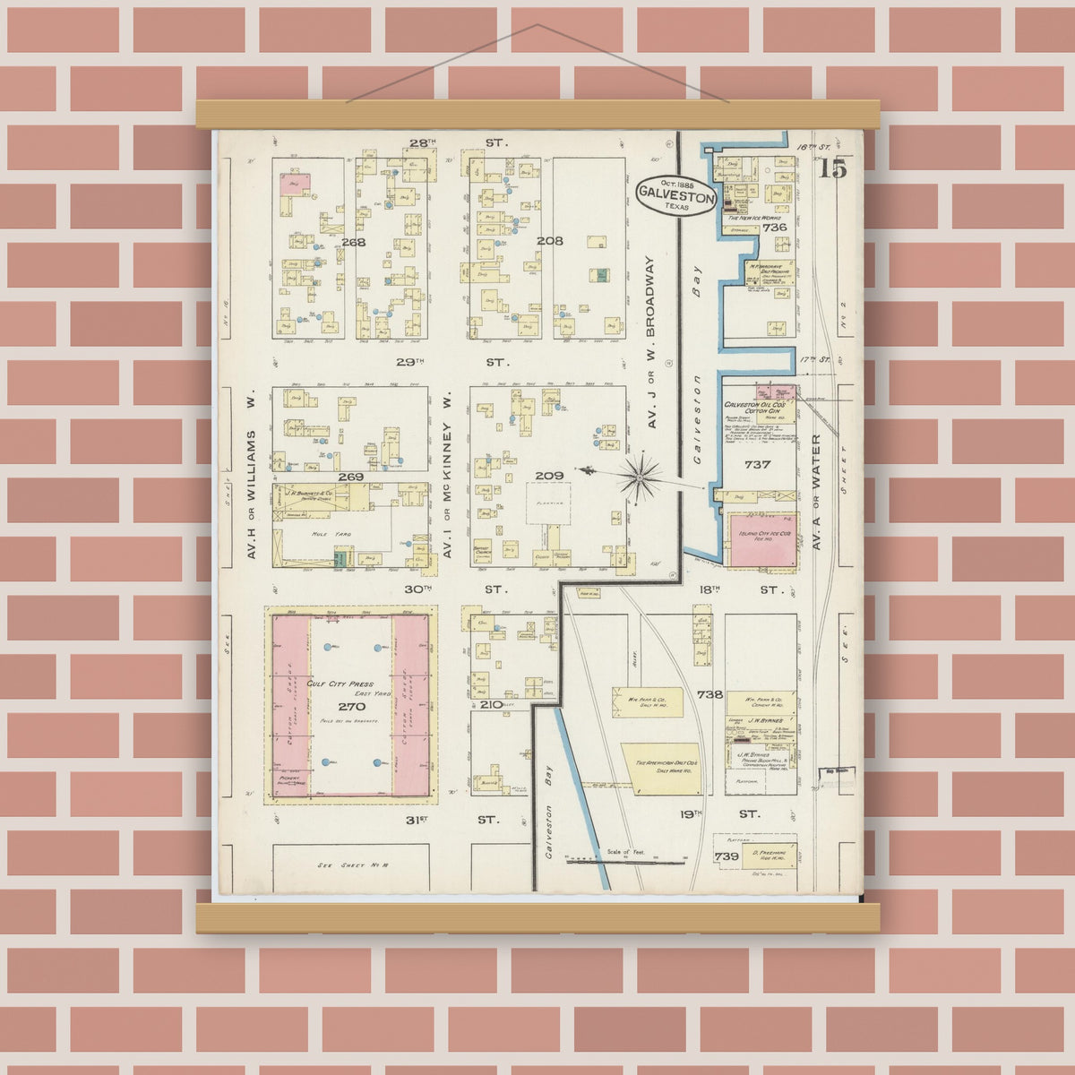Old map wall art mockup — magnetic wood frame on brick wall — Sanborn Fire Insurance Map from Galveston, Galveston County, Texas (1885), Sheet #0015
