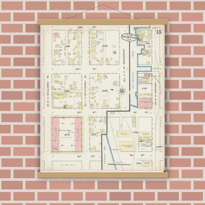 Old map wall art mockup — magnetic wood frame on brick wall — Sanborn Fire Insurance Map from Galveston, Galveston County, Texas (1885), Sheet #0015