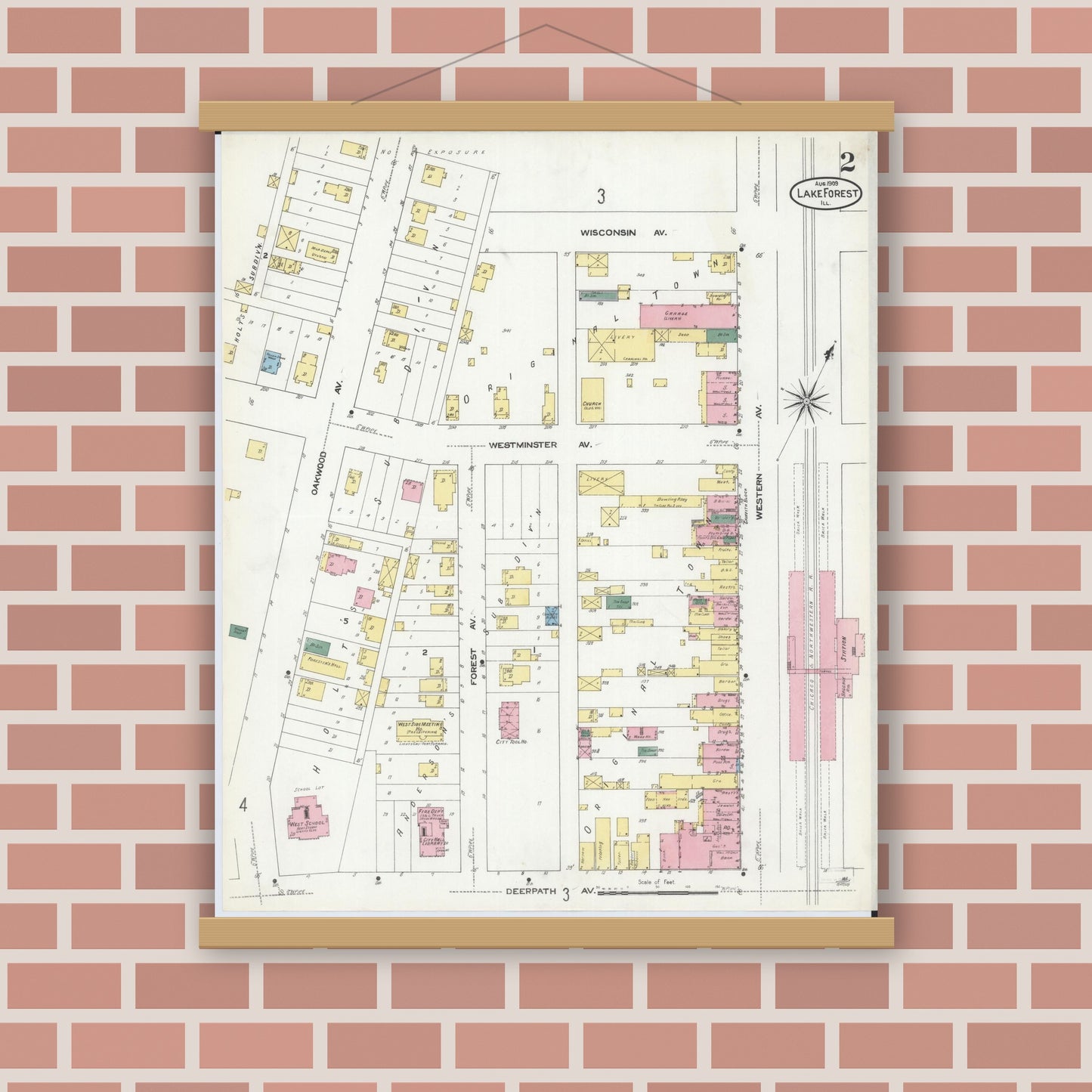 Old map wall art mockup — magnetic wood frame on brick wall — Sanborn Fire Insurance Map from Lake Forest, Lake County, Illinois (1909), Sheet #0002