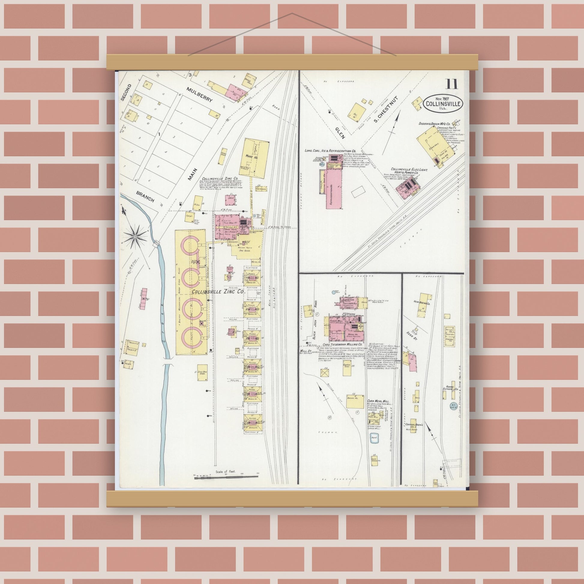 Old map wall art mockup — magnetic wood frame on brick wall — Sanborn Fire Insurance Map from Collinsville, Madison County, Illinois (1907), Sheet #0011
