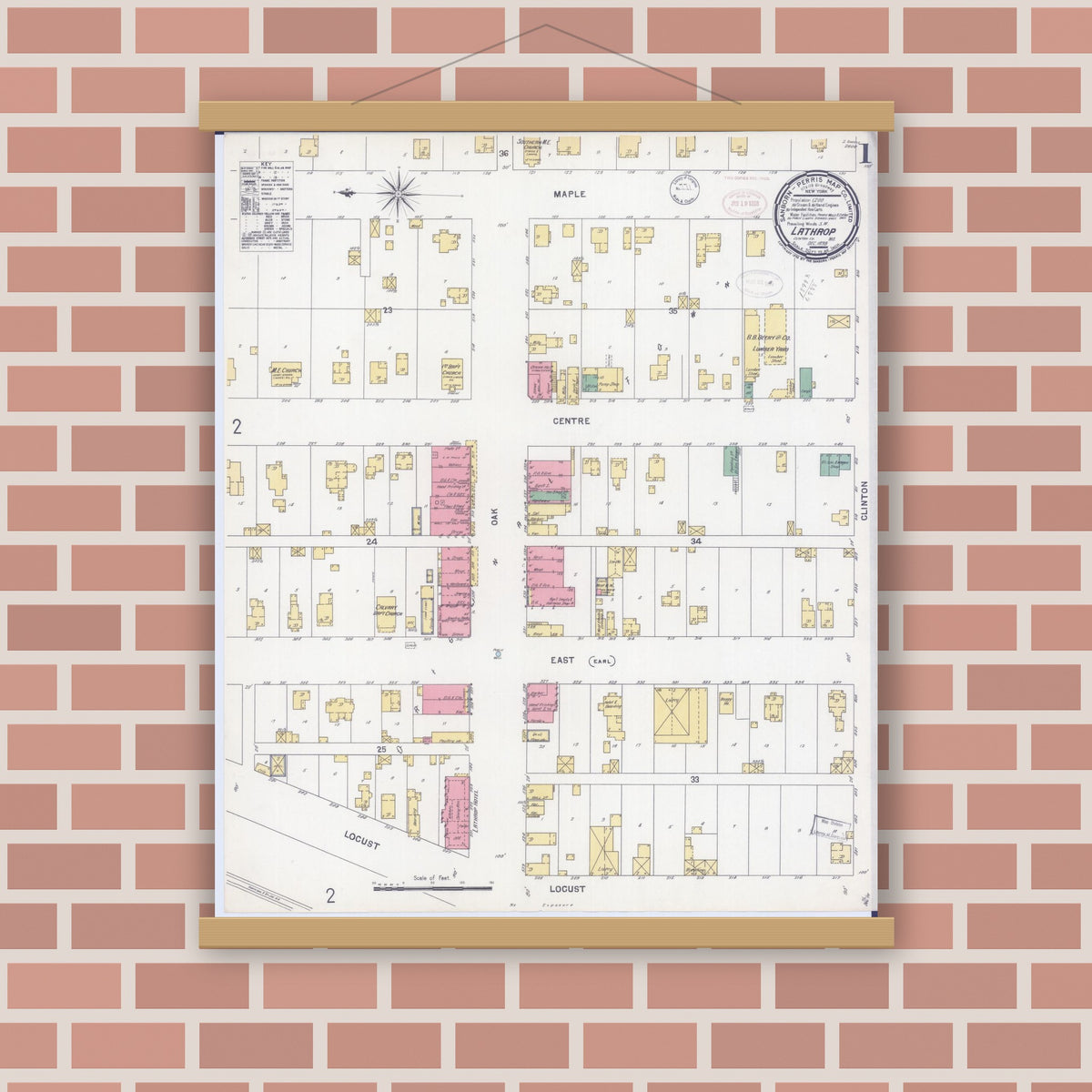 Old map wall art mockup — magnetic wood frame on brick wall — Sanborn Fire Insurance Map from Lathrop, Clinton County, Missouri (1898), Sheet #0001