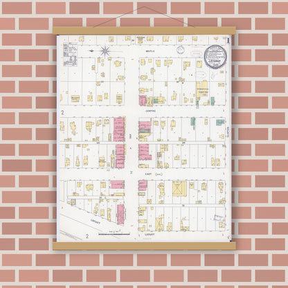 Old map wall art mockup — magnetic wood frame on brick wall — Sanborn Fire Insurance Map from Lathrop, Clinton County, Missouri (1898), Sheet #0001