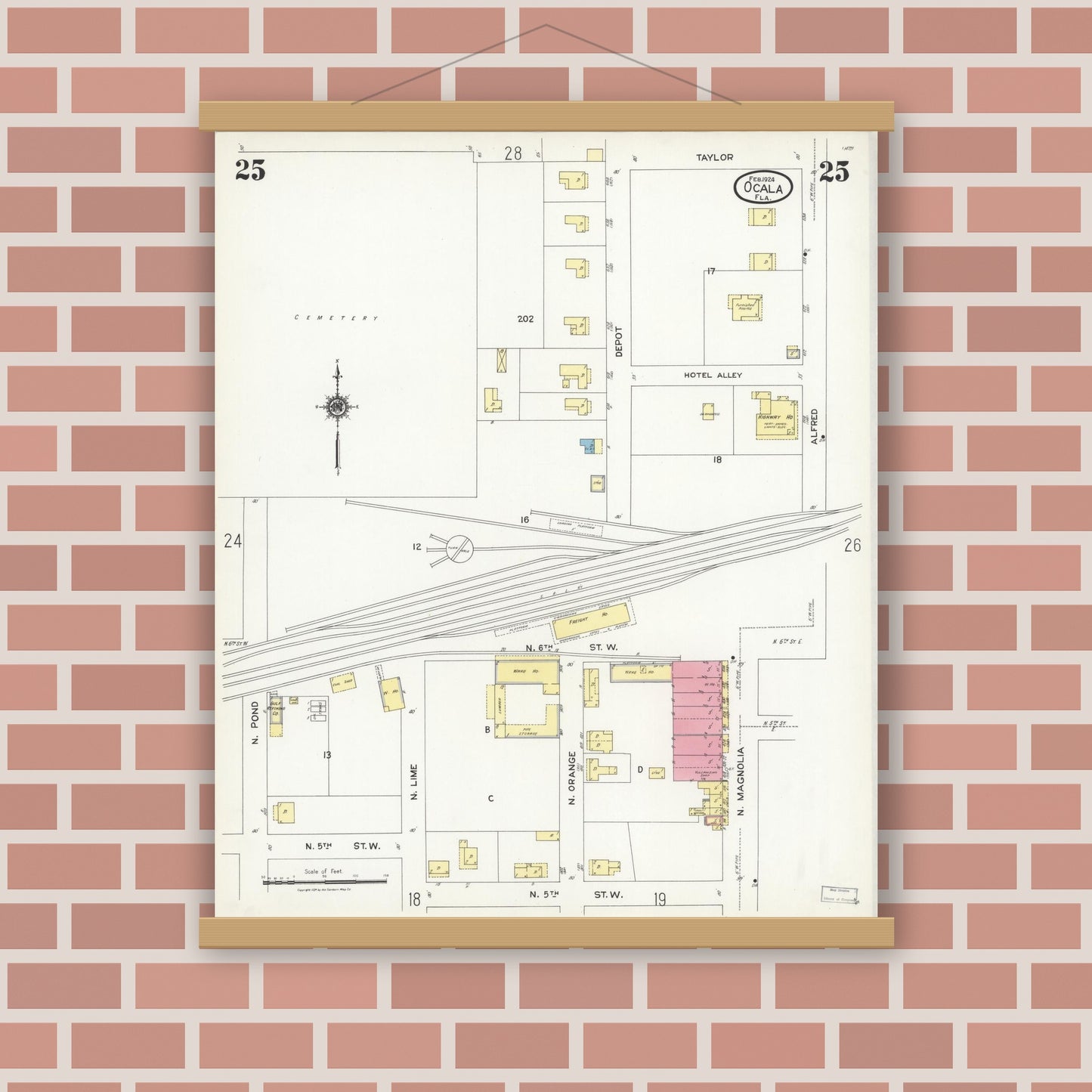 Old map wall art mockup — magnetic wood frame on brick wall — Sanborn Fire Insurance Map from Ocala, Marion County, Florida (1924), Sheet #0025