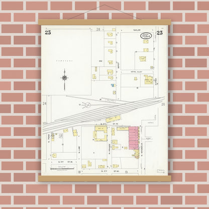 Old map wall art mockup — magnetic wood frame on brick wall — Sanborn Fire Insurance Map from Ocala, Marion County, Florida (1924), Sheet #0025