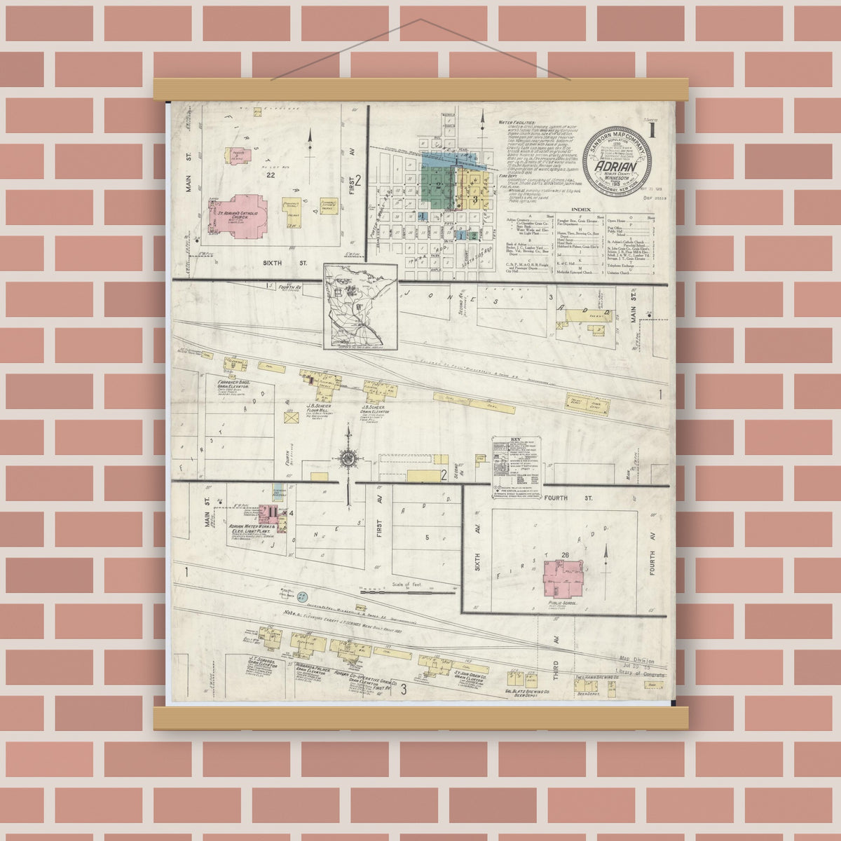 Old map wall art mockup — magnetic wood frame on brick wall — Sanborn Fire Insurance Map from Adrian, Nobles County, Minnesota (1913), Sheet #0001