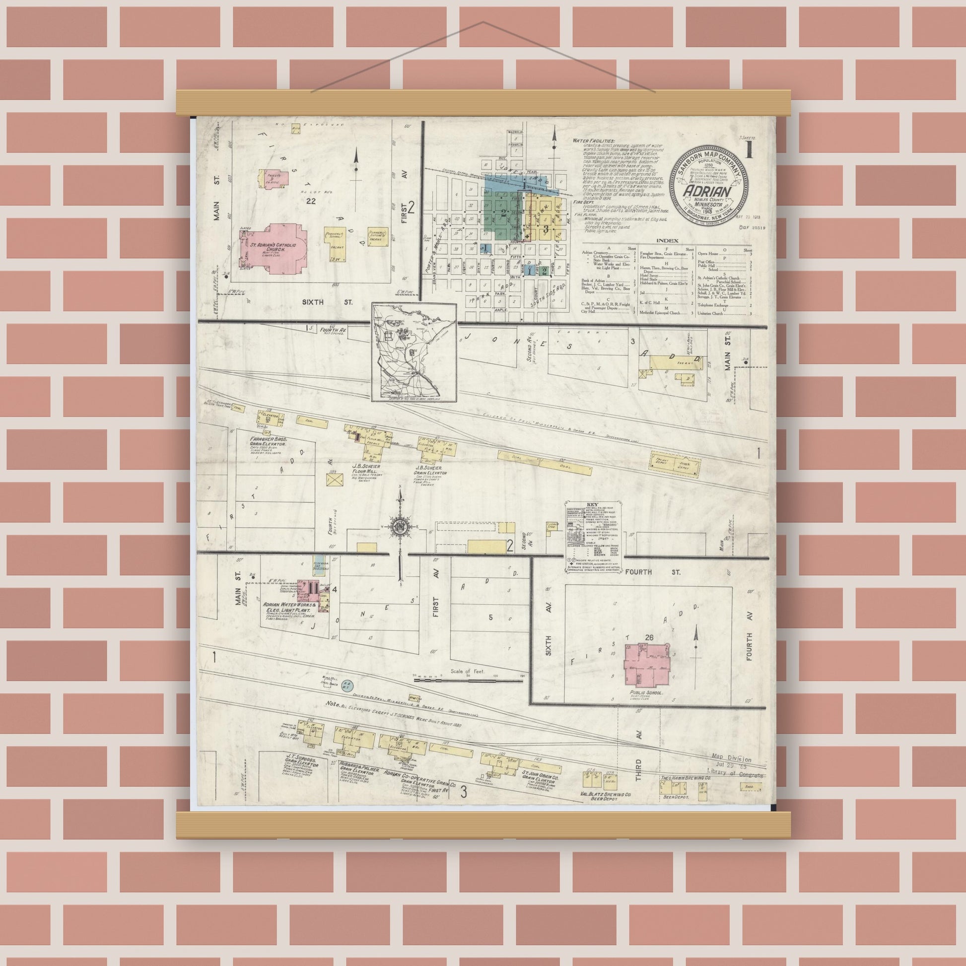 Old map wall art mockup — magnetic wood frame on brick wall — Sanborn Fire Insurance Map from Adrian, Nobles County, Minnesota (1913), Sheet #0001