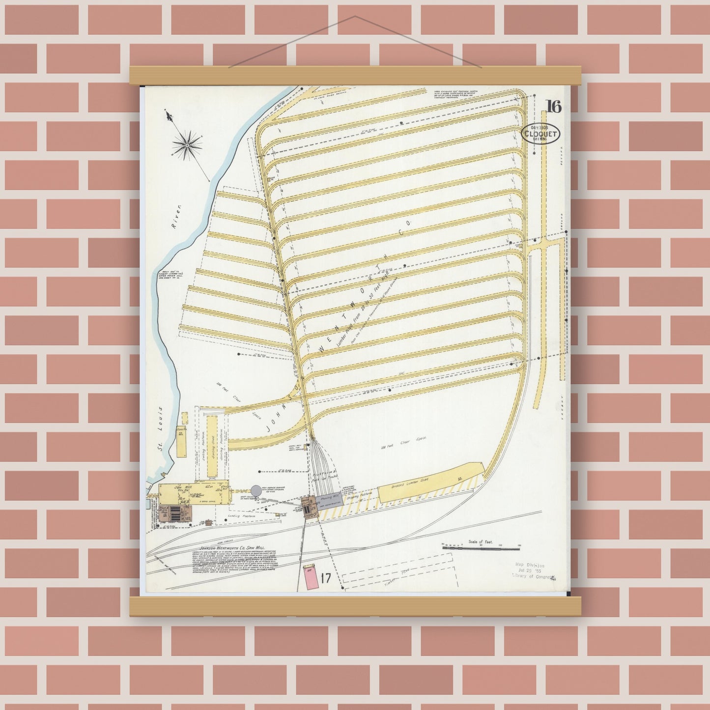 Old map wall art mockup — magnetic wood frame on brick wall — Sanborn Fire Insurance Map from Cloquet, Carlton County, Minnesota (1905), Sheet #0016