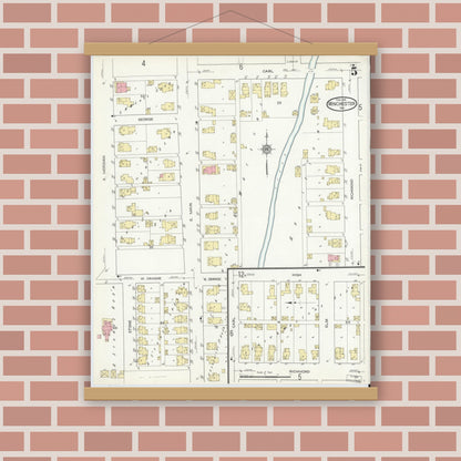 Old map wall art mockup — magnetic wood frame on brick wall — Sanborn Fire Insurance Map from Winchester, Randolph County, Indiana (1914), Sheet #0005
