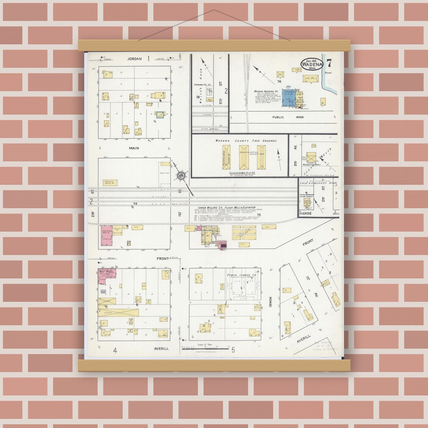 Old map wall art mockup — magnetic wood frame on brick wall — Sanborn Fire Insurance Map from Wadena, Wadena County, Minnesota (1916), Sheet #0007