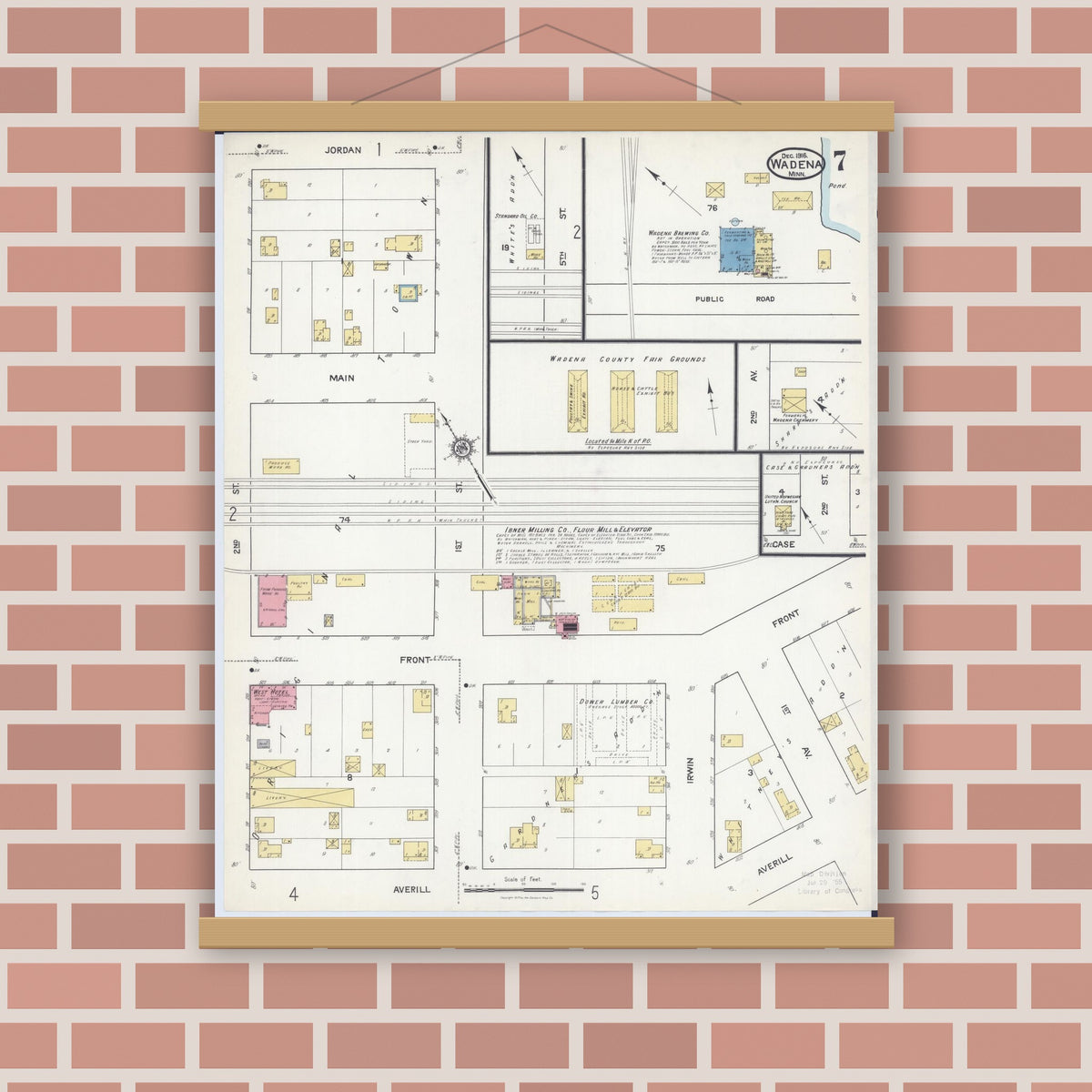 Old map wall art mockup — magnetic wood frame on brick wall — Sanborn Fire Insurance Map from Wadena, Wadena County, Minnesota (1916), Sheet #0007