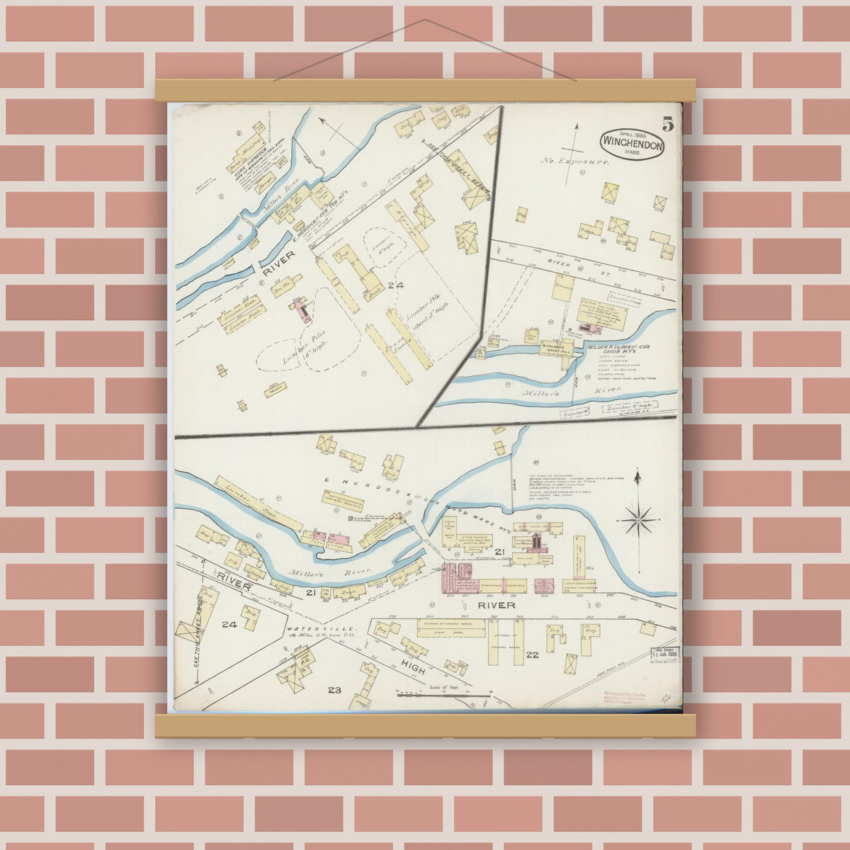 Old map wall art mockup — magnetic wood frame on brick wall — Sanborn Fire Insurance Map from Winchendon, Worcester County, Massachusetts (1885), Sheet #0005