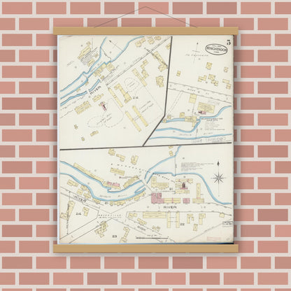 Old map wall art mockup — magnetic wood frame on brick wall — Sanborn Fire Insurance Map from Winchendon, Worcester County, Massachusetts (1885), Sheet #0005