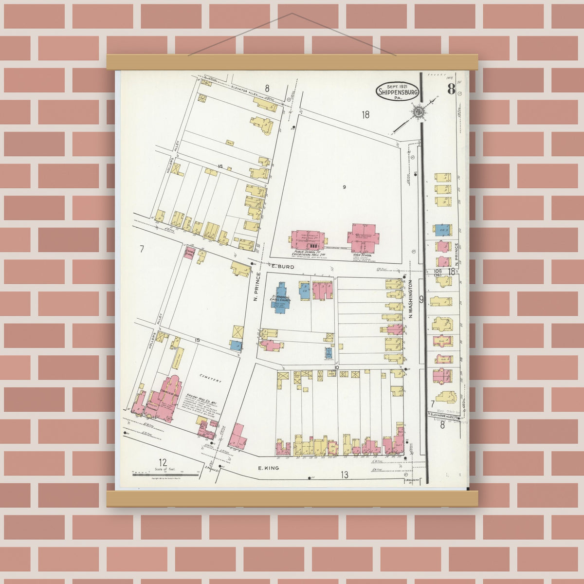 Old map wall art mockup — magnetic wood frame on brick wall — Sanborn Fire Insurance Map from Shippensburg, Cumberland And Franklin Counties, Pennsylvania (1921), Sheet #0008