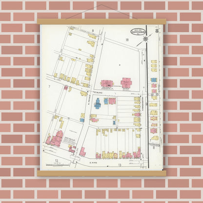 Old map wall art mockup — magnetic wood frame on brick wall — Sanborn Fire Insurance Map from Shippensburg, Cumberland And Franklin Counties, Pennsylvania (1921), Sheet #0008