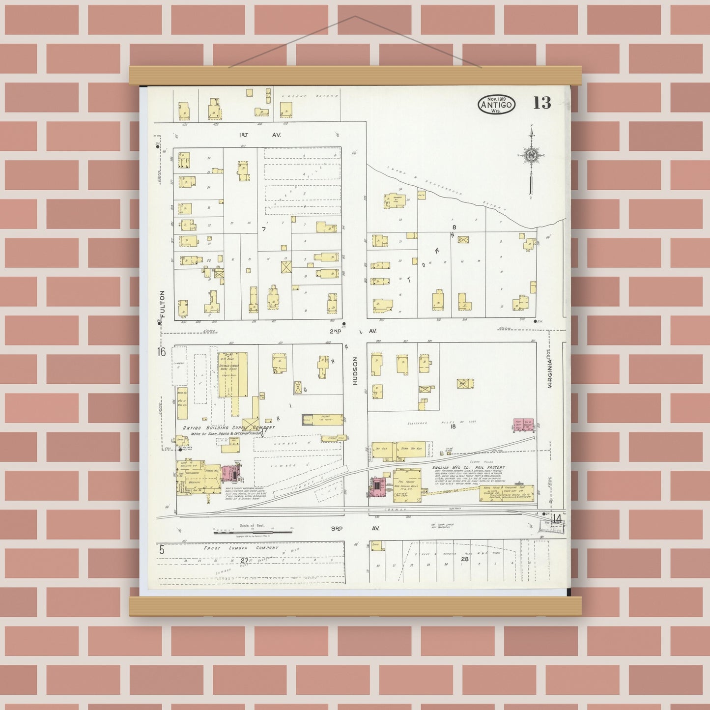 Old map wall art mockup — magnetic wood frame on brick wall — Sanborn Fire Insurance Map from Antigo, Langlade County, Wisconsin (1919), Sheet #0013