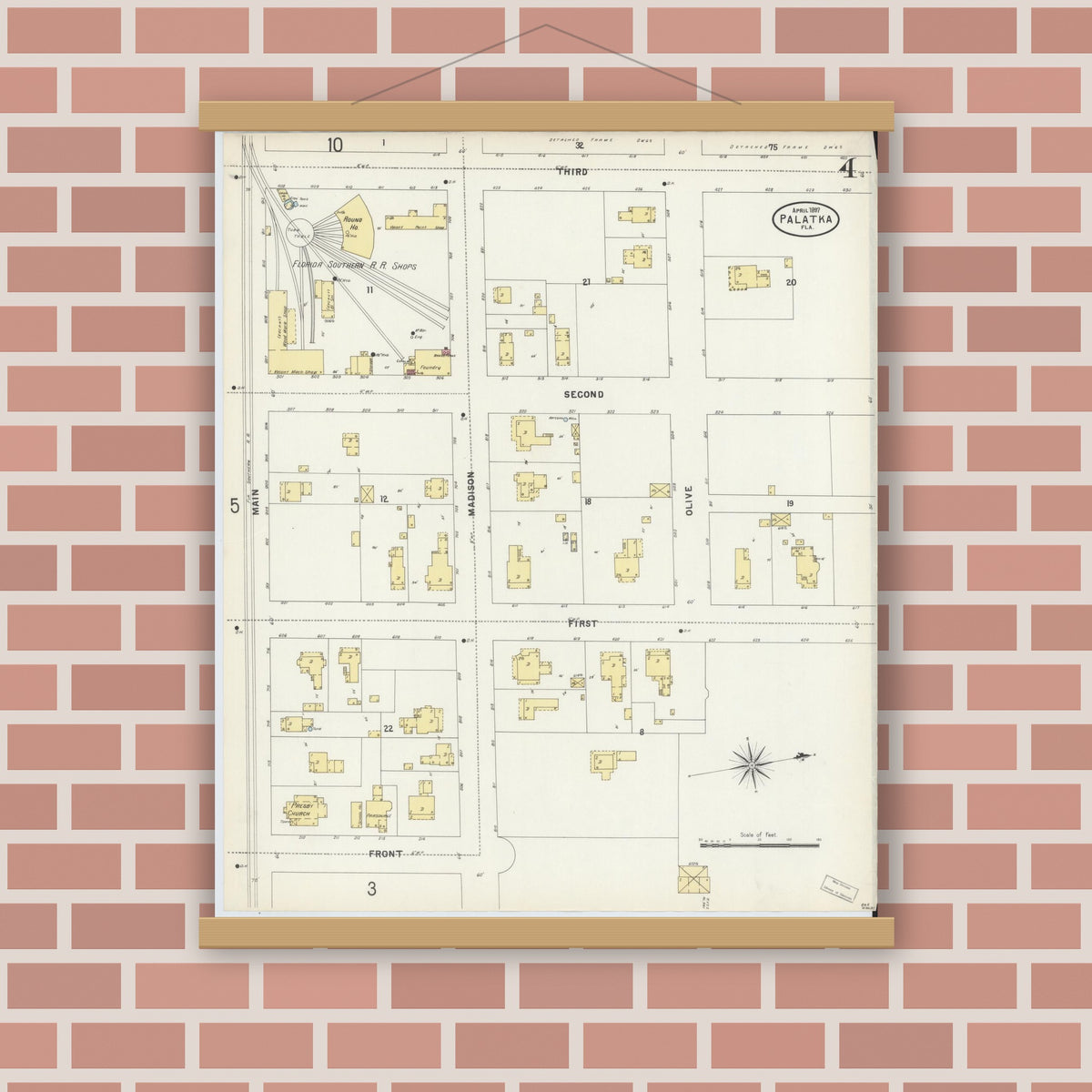 Old map wall art mockup — magnetic wood frame on brick wall — Sanborn Fire Insurance Map from Palatka, Putnam County, Florida (1897), Sheet #0004