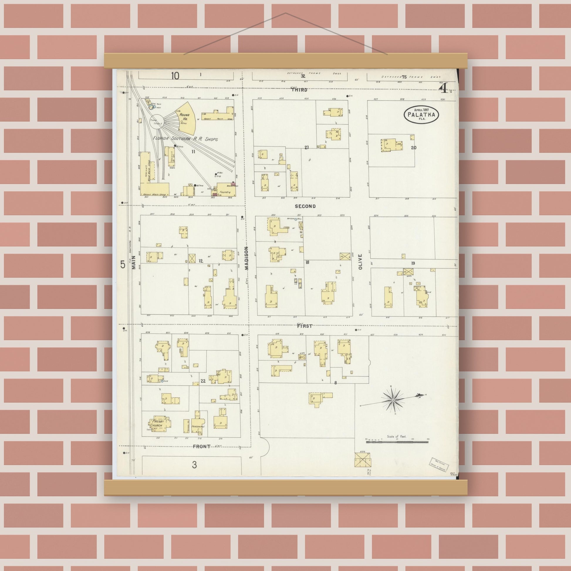 Old map wall art mockup — magnetic wood frame on brick wall — Sanborn Fire Insurance Map from Palatka, Putnam County, Florida (1897), Sheet #0004