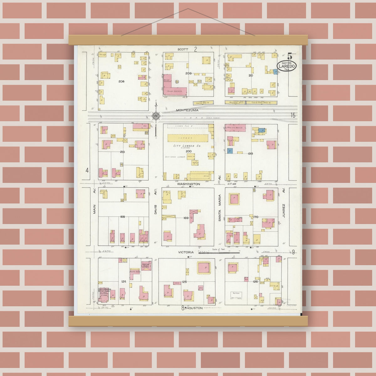 Old map wall art mockup — magnetic wood frame on brick wall — Sanborn Fire Insurance Map from Laredo, Webb County, Texas (1916), Sheet #0005