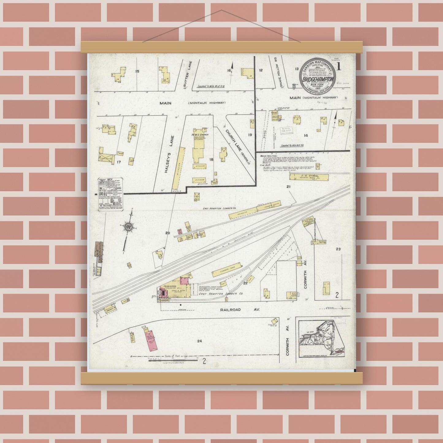 Old map wall art mockup — magnetic wood frame on brick wall — Sanborn Fire Insurance Map from Bridgehampton, Suffolk County, New York (1920) - Complete Map Set