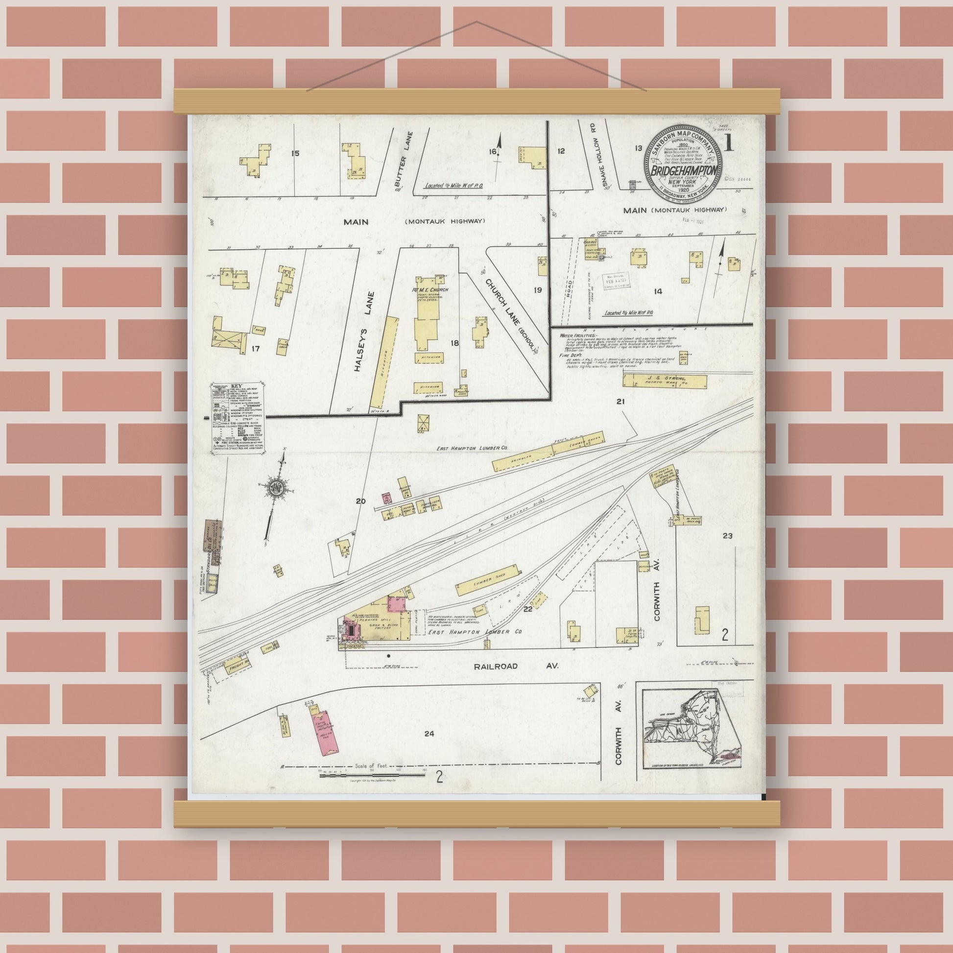 Old map wall art mockup — magnetic wood frame on brick wall — Sanborn Fire Insurance Map from Bridgehampton, Suffolk County, New York (1920) - Complete Map Set