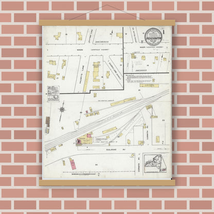 Old map wall art mockup — magnetic wood frame on brick wall — Sanborn Fire Insurance Map from Bridgehampton, Suffolk County, New York (1920) - Complete Map Set