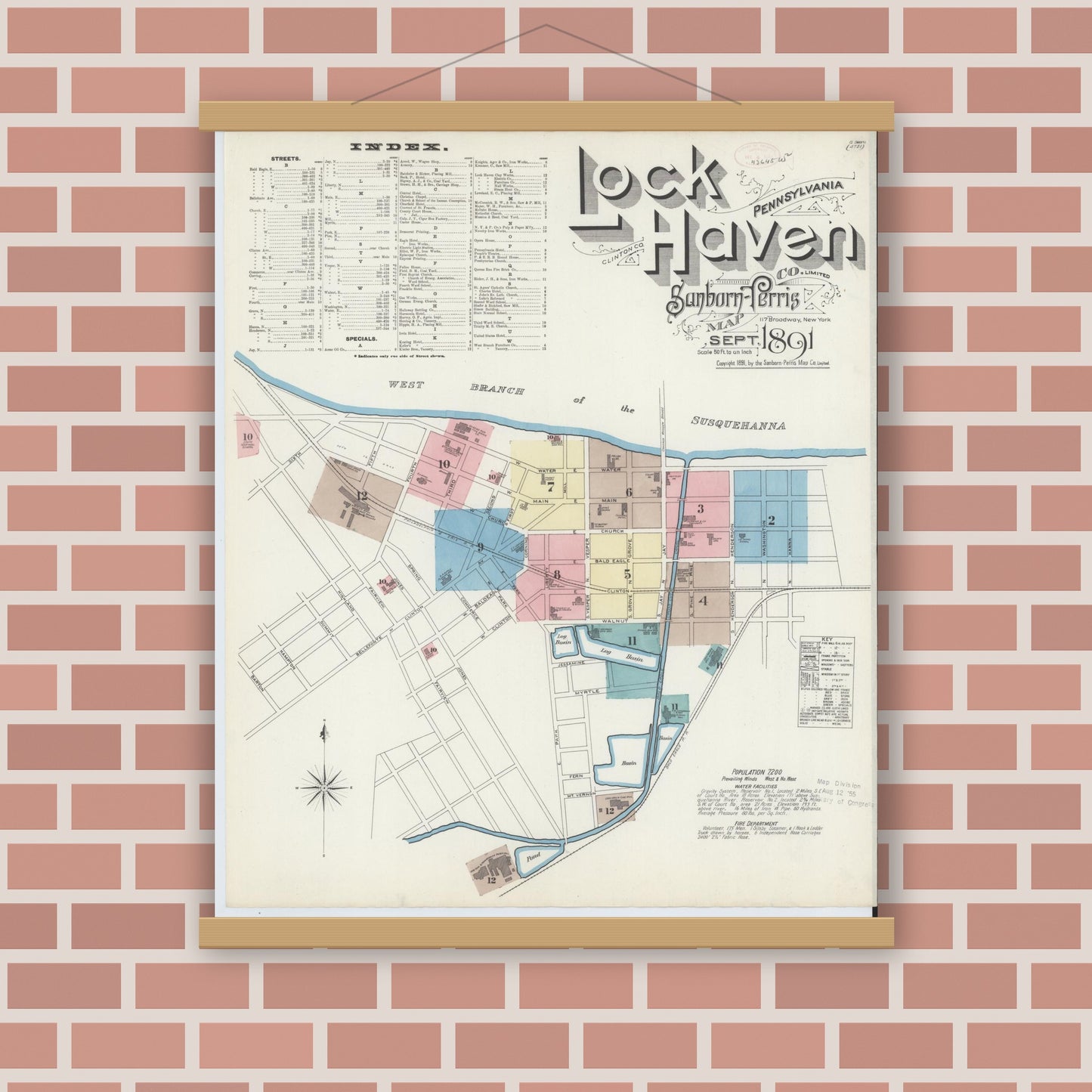 Old map wall art mockup — magnetic wood frame on brick wall — Sanborn Fire Insurance Map from Lock Haven, Clinton County, Pennsylvania (1891) - Complete Map Set