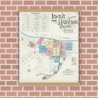 Old map wall art mockup — magnetic wood frame on brick wall — Sanborn Fire Insurance Map from Lock Haven, Clinton County, Pennsylvania (1891) - Complete Map Set