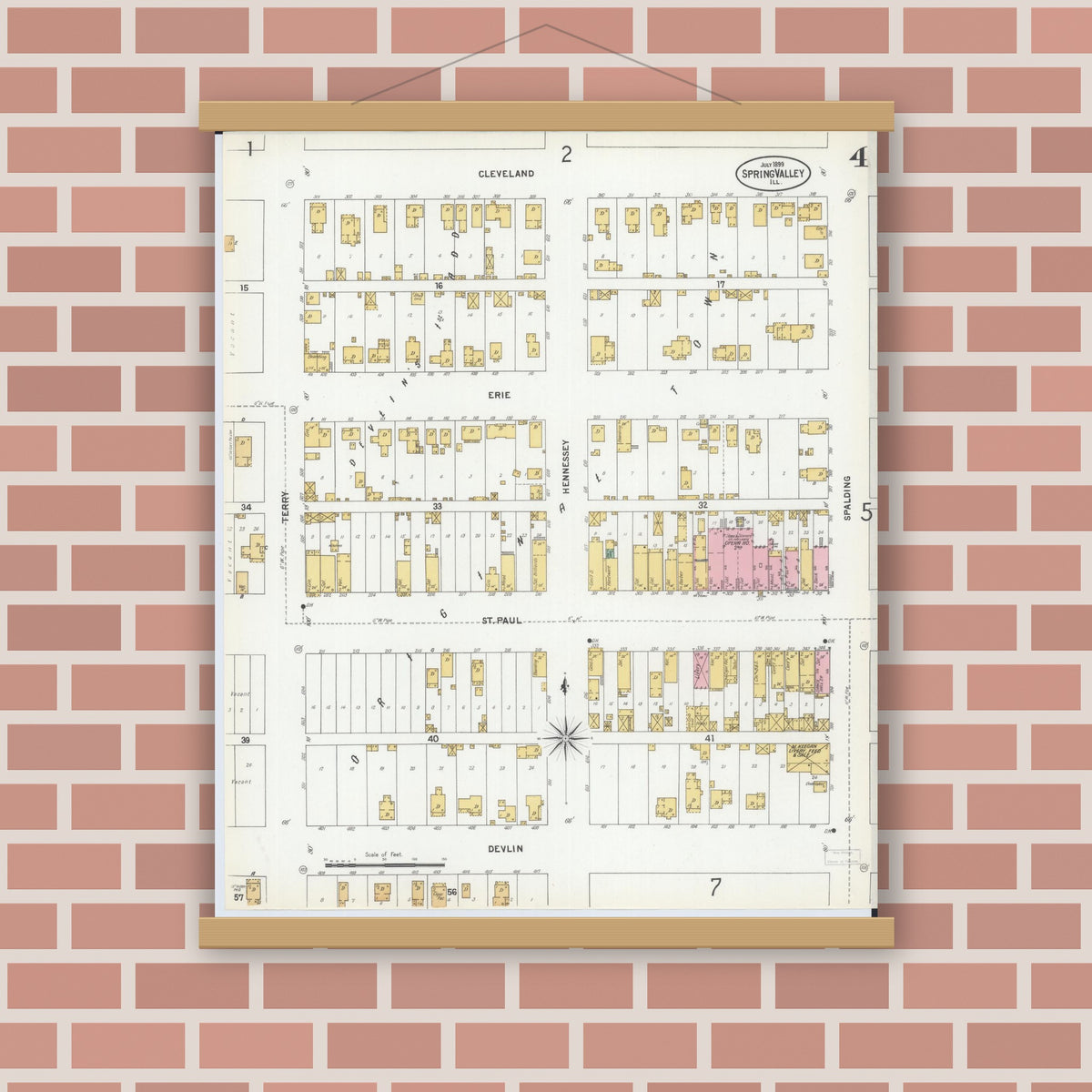 Old map wall art mockup — magnetic wood frame on brick wall — Sanborn Fire Insurance Map from Spring Valley, Bureau County, Illinois (1899), Sheet #0004