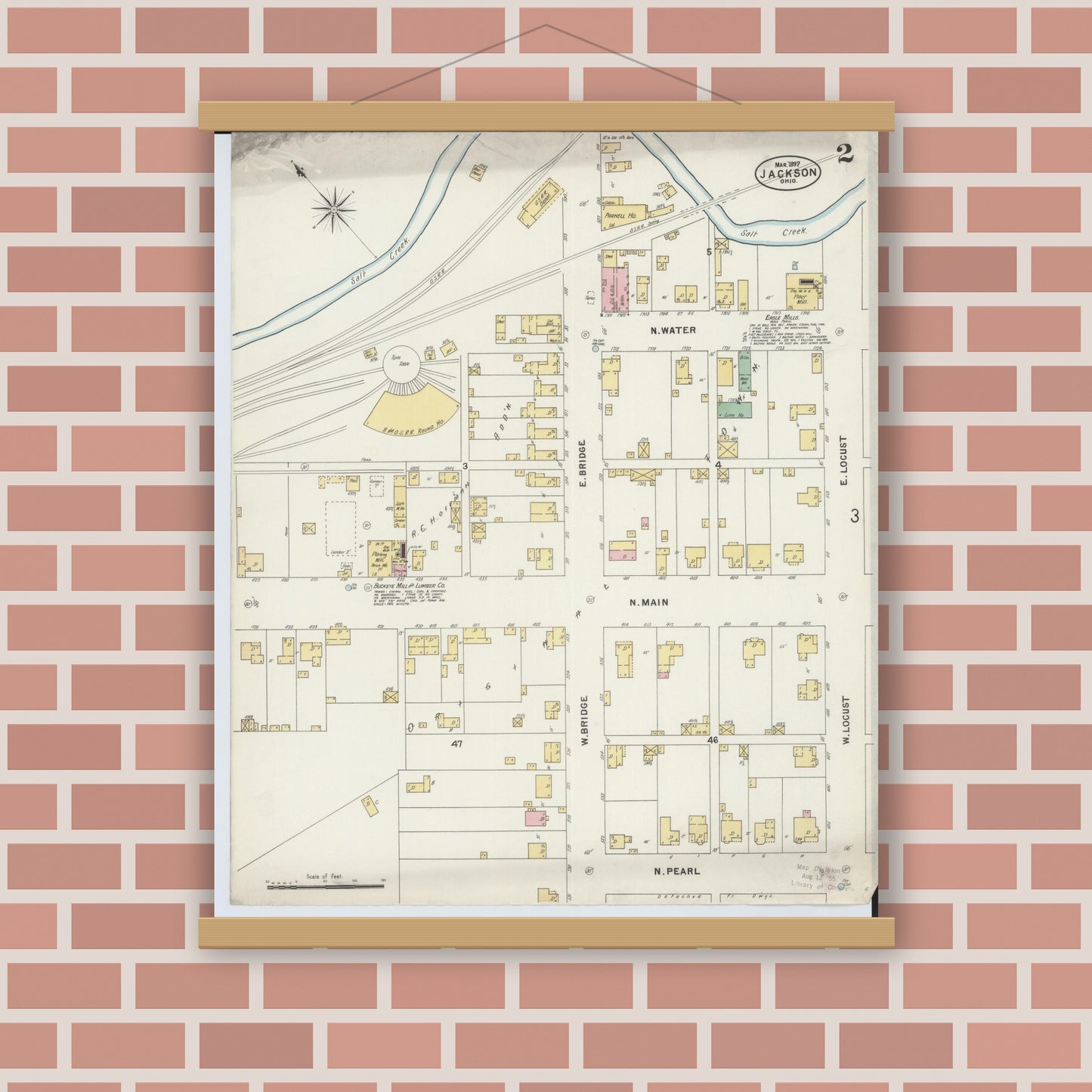 Old map wall art mockup — magnetic wood frame on brick wall — Sanborn Fire Insurance Map from Jackson, Jackson County, Ohio (1897), Sheet #0002