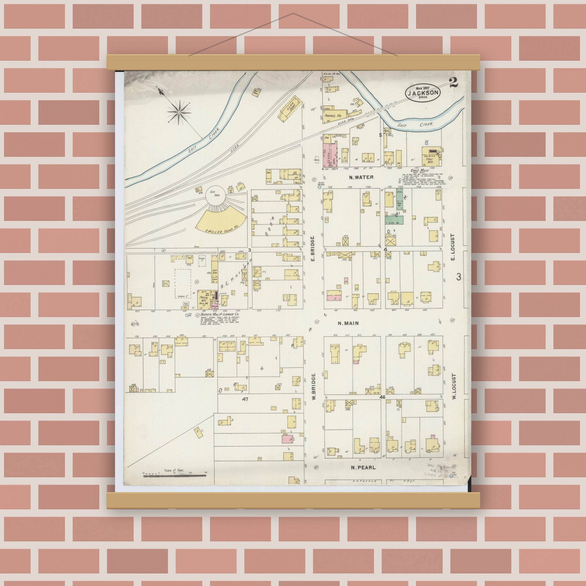 Old map wall art mockup — magnetic wood frame on brick wall — Sanborn Fire Insurance Map from Jackson, Jackson County, Ohio (1897), Sheet #0002