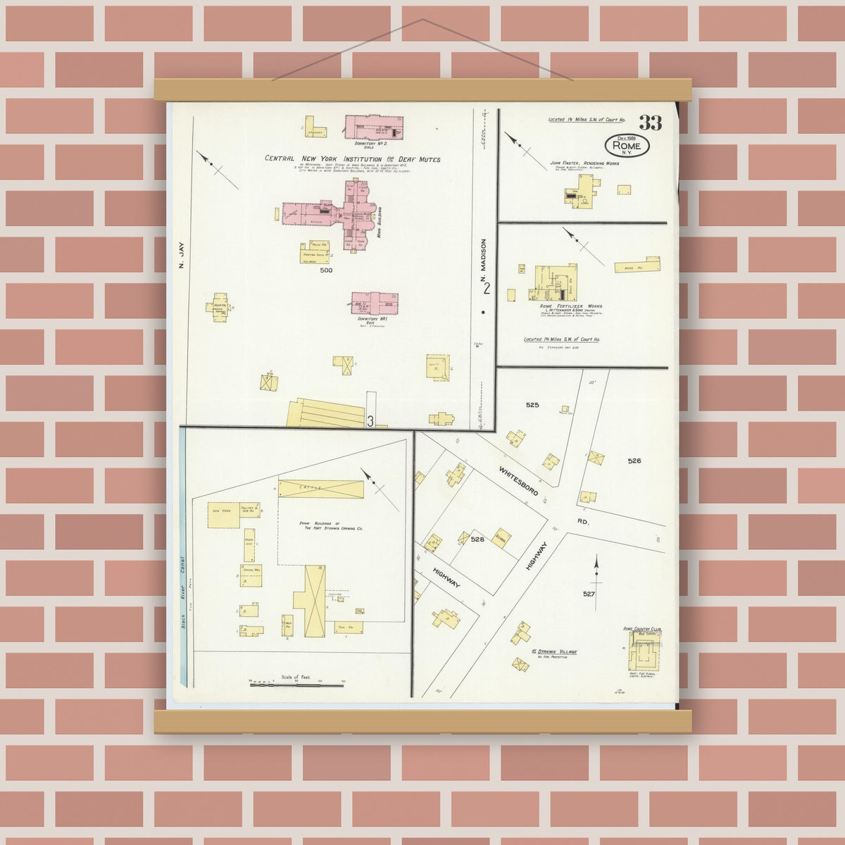 Old map wall art mockup — magnetic wood frame on brick wall — Sanborn Fire Insurance Map from Rome, Oneida County, New York (1909), Sheet #0033