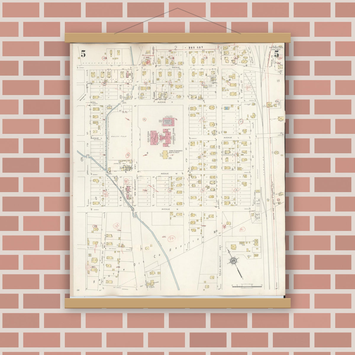 Old map wall art mockup — magnetic wood frame on brick wall — Sanborn Fire Insurance Map from Silsbee, Hardin County, Texas (1942), Sheet #0005