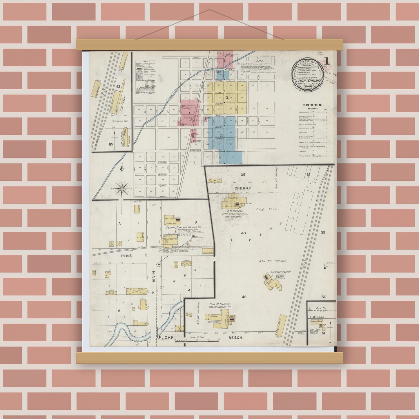 Old map wall art mockup — magnetic wood frame on brick wall — Sanborn Fire Insurance Map from Cedar Springs, Kent County, Michigan (1894) - Complete Map Set