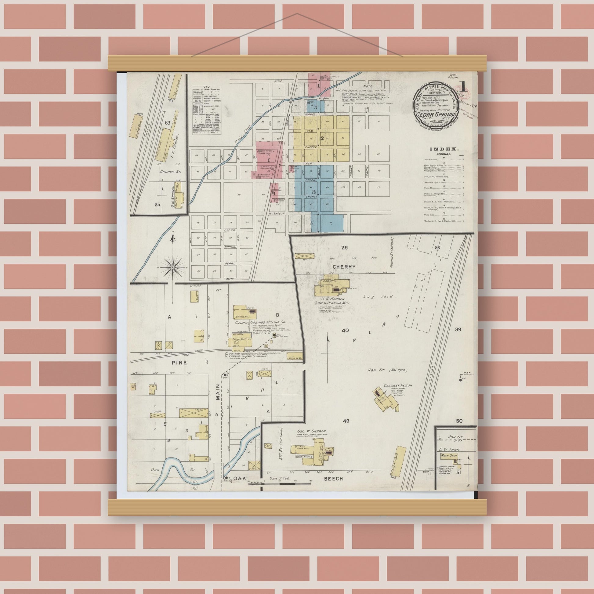 Old map wall art mockup — magnetic wood frame on brick wall — Sanborn Fire Insurance Map from Cedar Springs, Kent County, Michigan (1894) - Complete Map Set