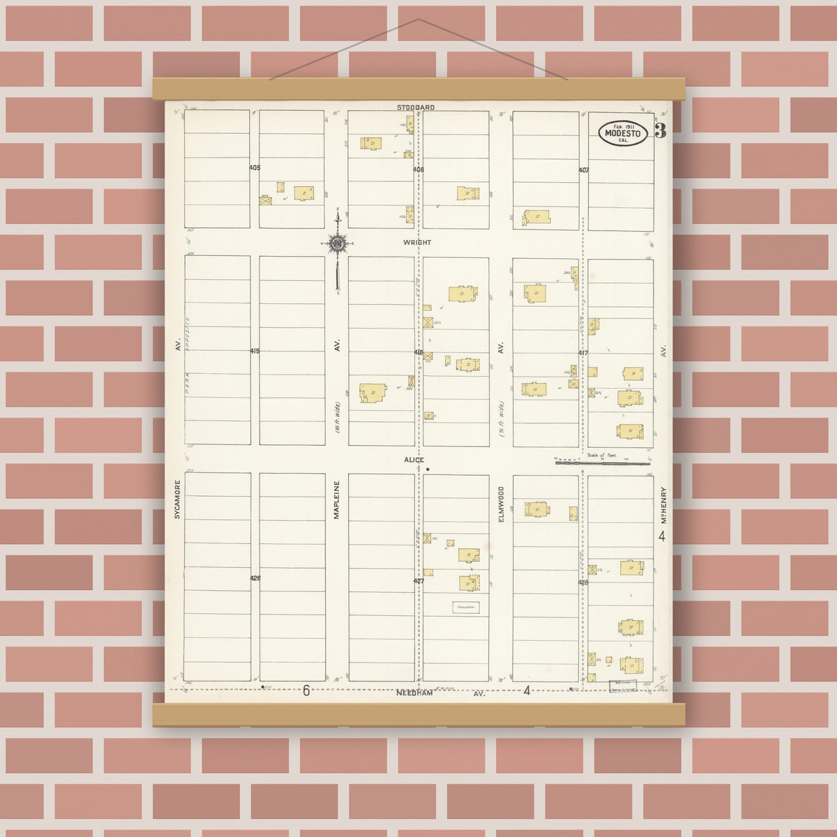 Old map wall art mockup — magnetic wood frame on brick wall — Sanborn Fire Insurance Map from Modesto, Stanislaus County, California (1911), Sheet #0003