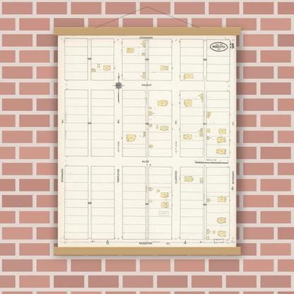 Old map wall art mockup — magnetic wood frame on brick wall — Sanborn Fire Insurance Map from Modesto, Stanislaus County, California (1911), Sheet #0003