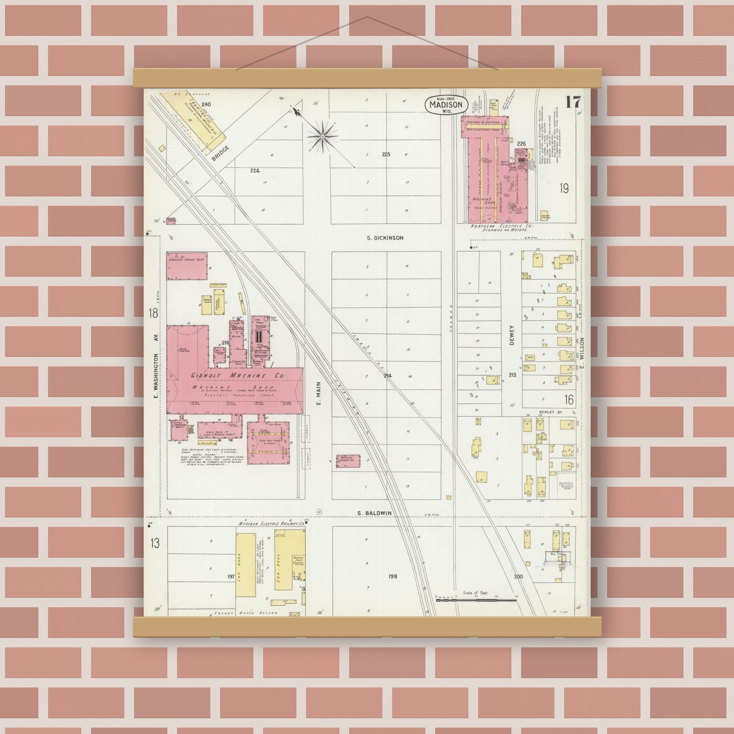 Old map wall art mockup — magnetic wood frame on brick wall — Sanborn Fire Insurance Map from Madison, Dane County, Wisconsin (1902), Sheet #0017