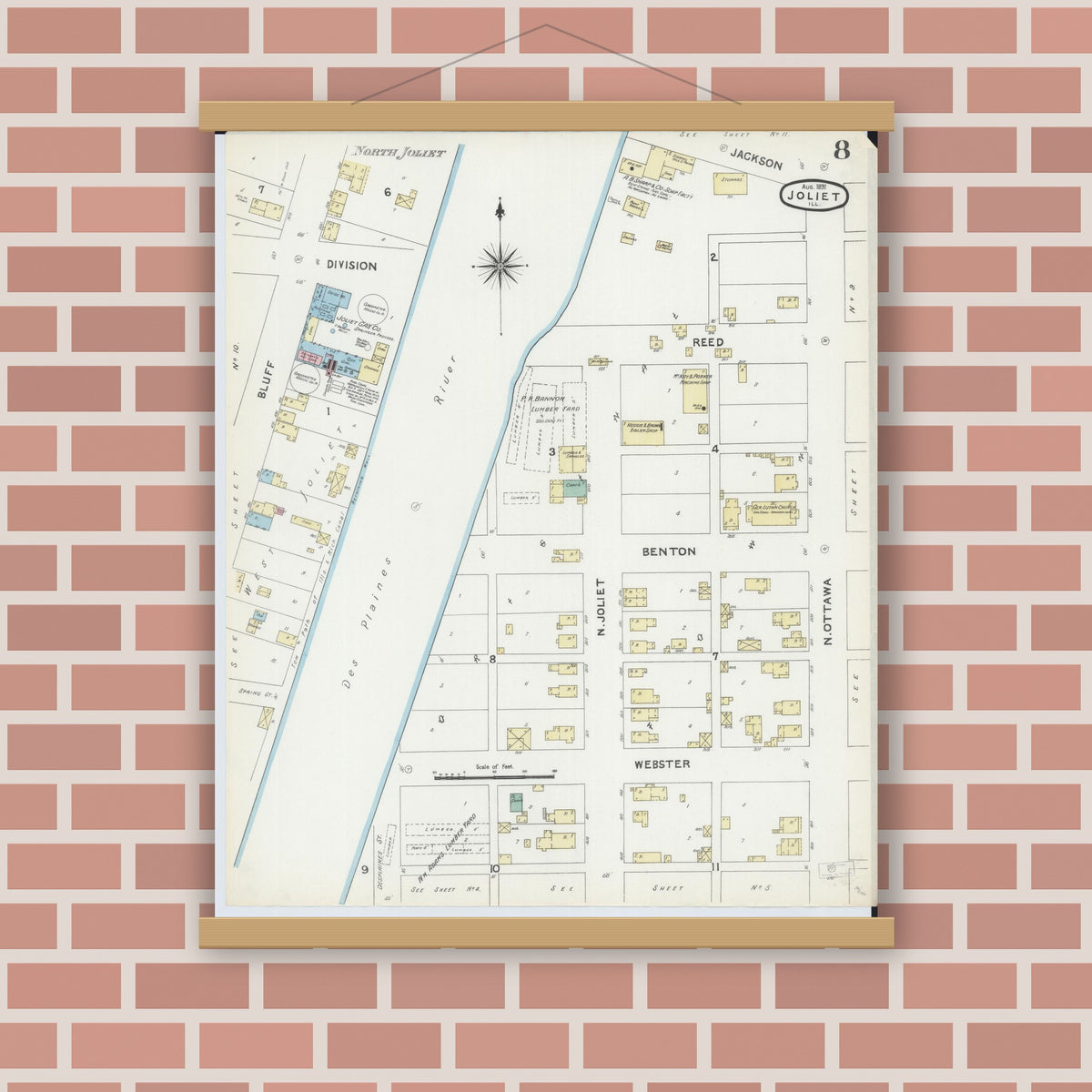 Old map wall art mockup — magnetic wood frame on brick wall — Sanborn Fire Insurance Map from Joliet, Will County, Illinois (1891), Sheet #0008