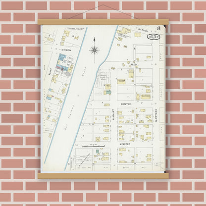 Old map wall art mockup — magnetic wood frame on brick wall — Sanborn Fire Insurance Map from Joliet, Will County, Illinois (1891), Sheet #0008
