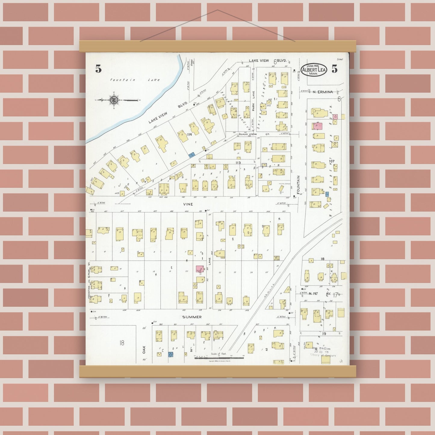 Old map wall art mockup — magnetic wood frame on brick wall — Sanborn Fire Insurance Map from Albert Lea, Freeborn County, Minnesota (1926), Sheet #0005