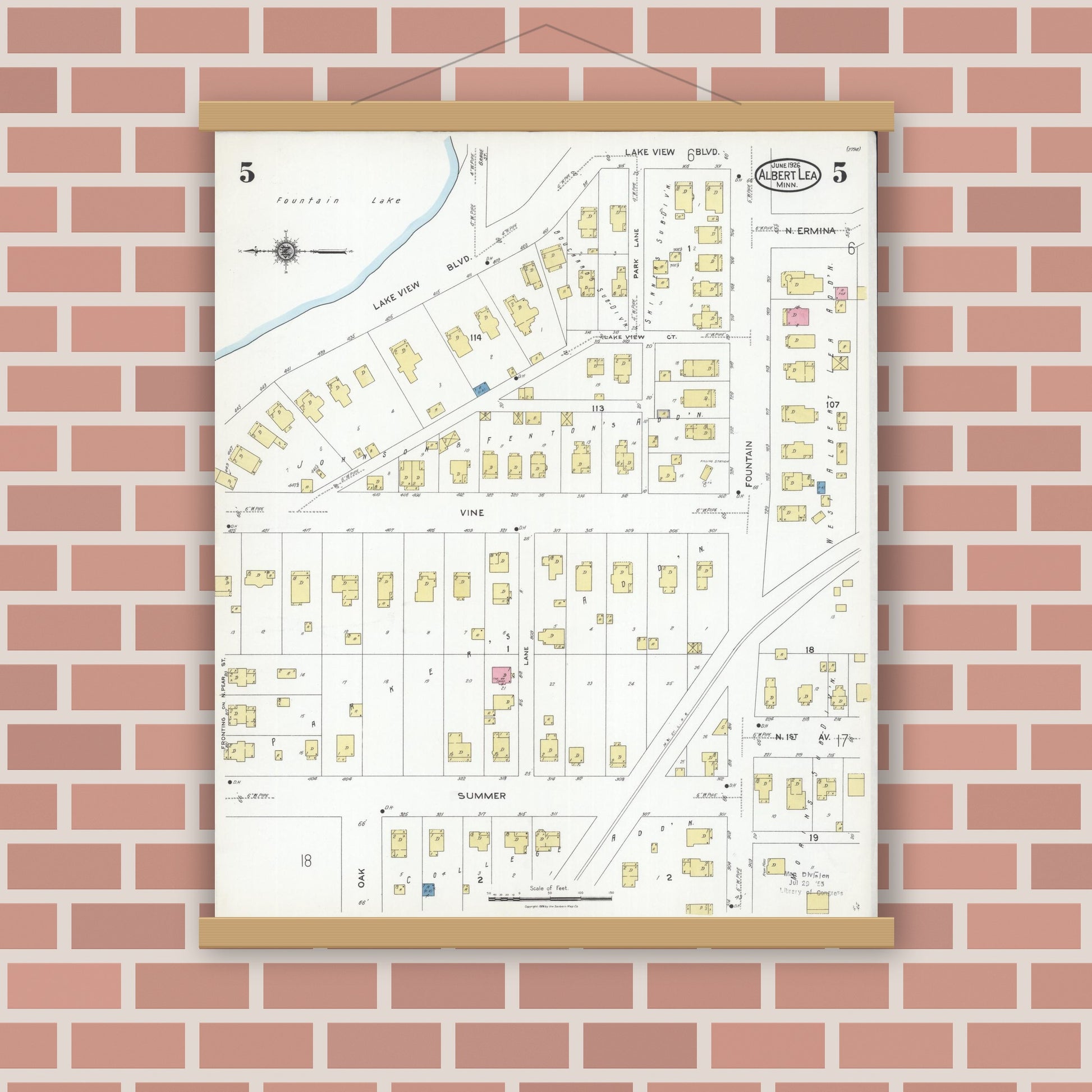 Old map wall art mockup — magnetic wood frame on brick wall — Sanborn Fire Insurance Map from Albert Lea, Freeborn County, Minnesota (1926), Sheet #0005